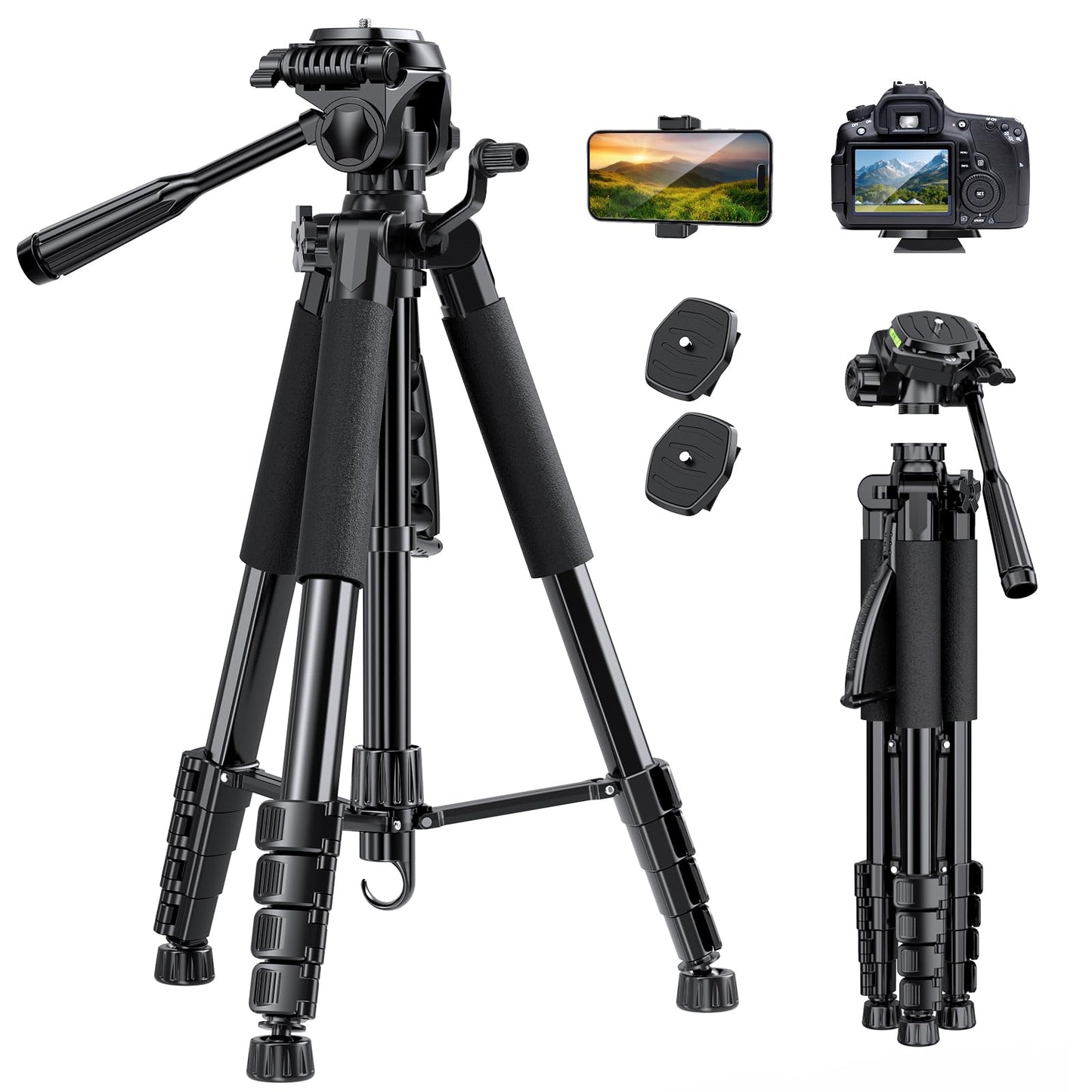 Heavy-Duty Camera Tripod with Phone Mount, Remote Control & Portable Carry Bag for DSLR & Mobile Devices