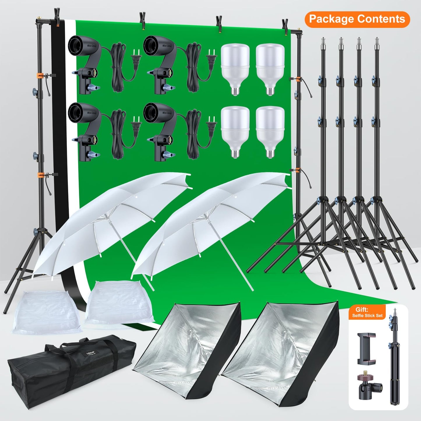 Studio Lighting Kit with 3-Color Backdrops (Black/White/Green) for Photography & Video Production