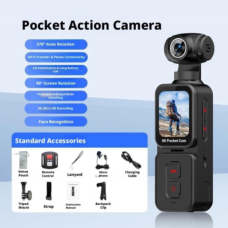 Portable Action Camera with 5K Video, Compact Design & Vlogging Features for Travel