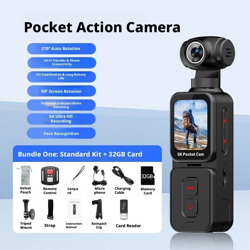 Portable Action Camera with 5K Video, Compact Design & Vlogging Features for Travel