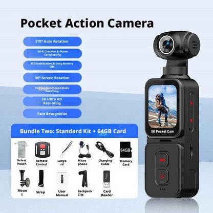 Portable Action Camera with 5K Video, Compact Design & Vlogging Features for Travel