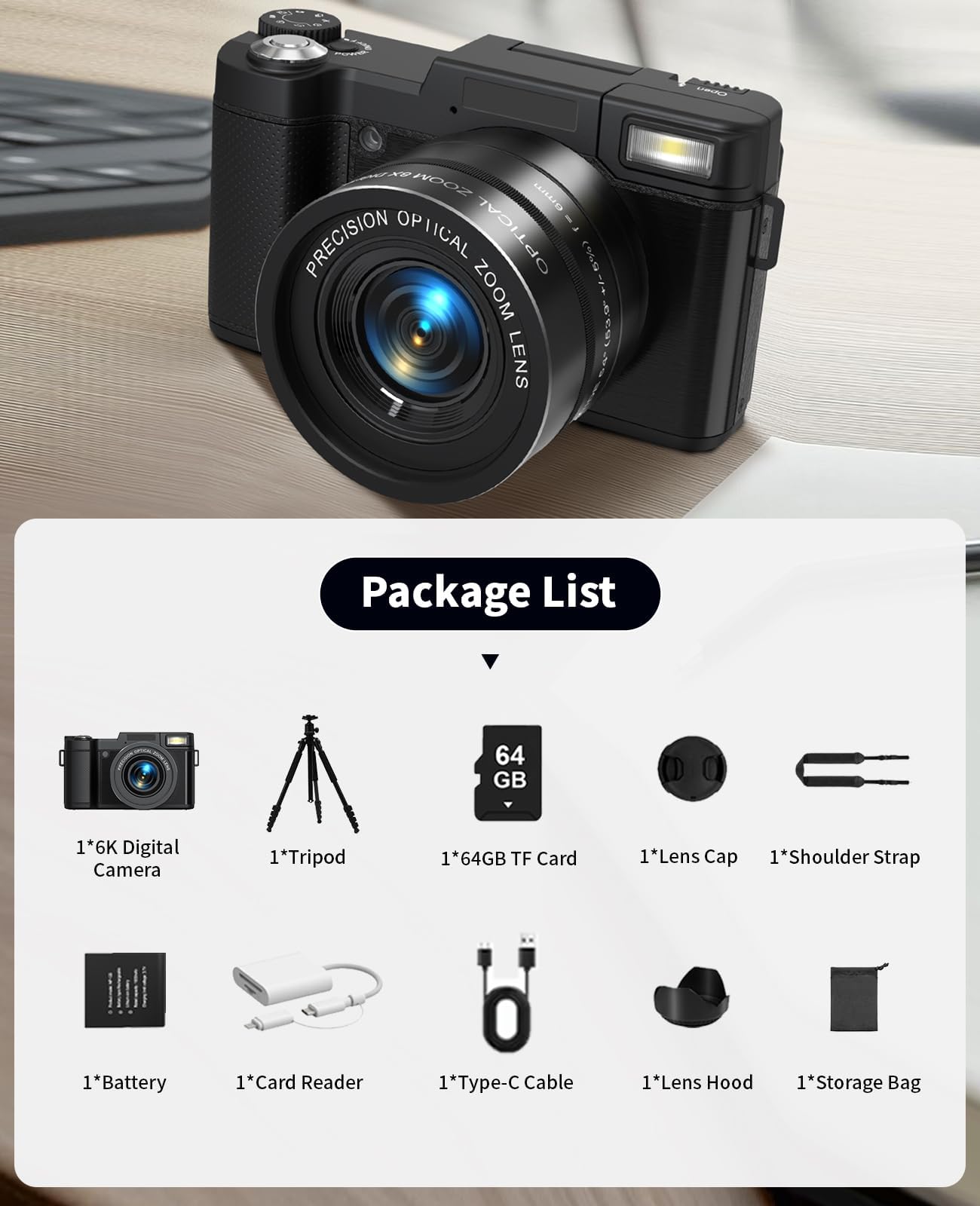 Digital Camera with 75MP Sensor, 6K Video, 8X Zoom, Flip Screen & Vlogging Kit
