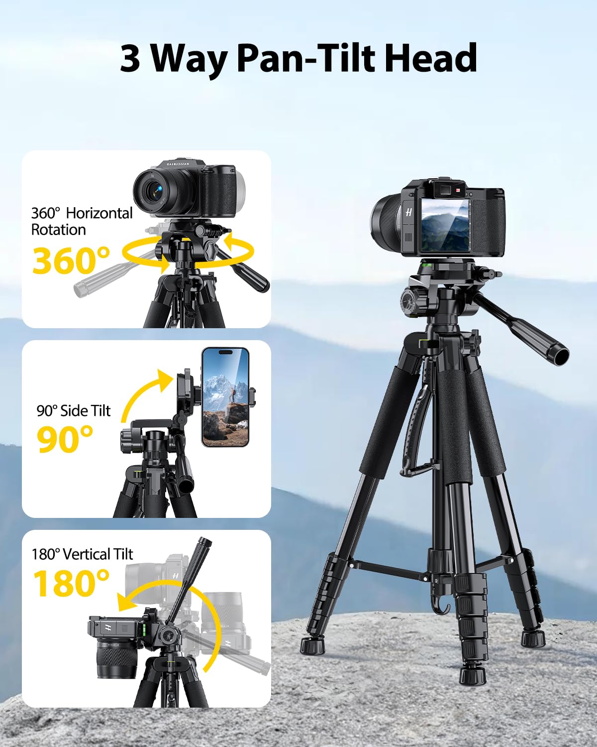 Heavy-Duty Camera Tripod with Phone Mount, Remote Control & Portable Carry Bag for DSLR & Mobile Devices