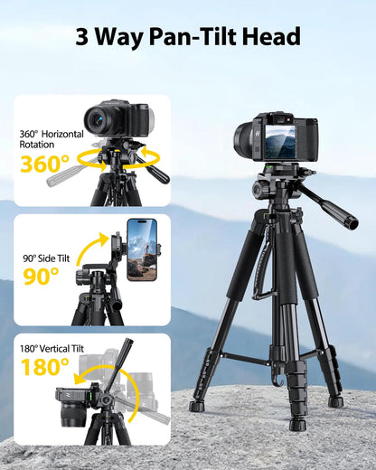Heavy-Duty Camera Tripod with Phone Mount, Remote Control & Portable Carry Bag for DSLR & Mobile Devices