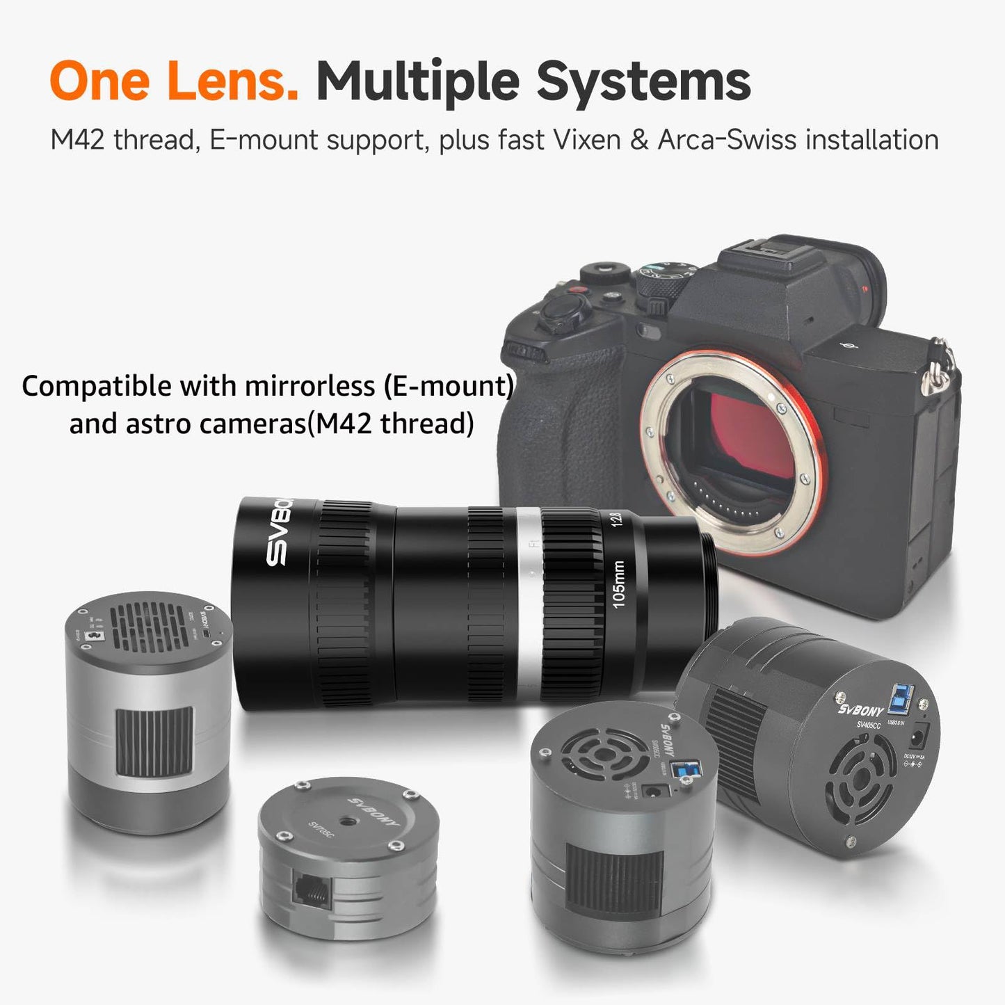 F2.8 APO Telephoto Astro Lens, 105mm Full-Frame Compatible for Deep Sky & Wide-Field Astrophotography
