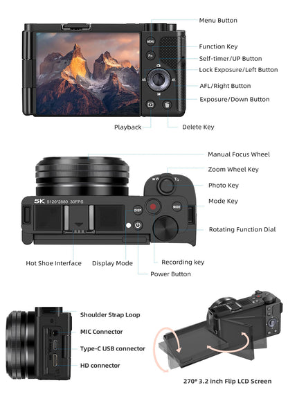 Digital Camera with 64MP Sensor, 5K Video, Autofocus, Flip Screen, Optical Zoom & Vlogging Features