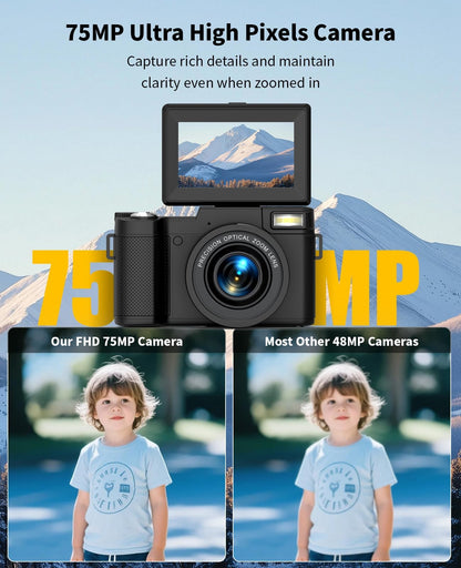 Digital Camera with 75MP Sensor, 6K Video, 8X Zoom, Flip Screen & Vlogging Kit