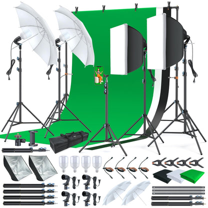 Studio Lighting Kit with 3-Color Backdrops (Black/White/Green) for Photography & Video Production