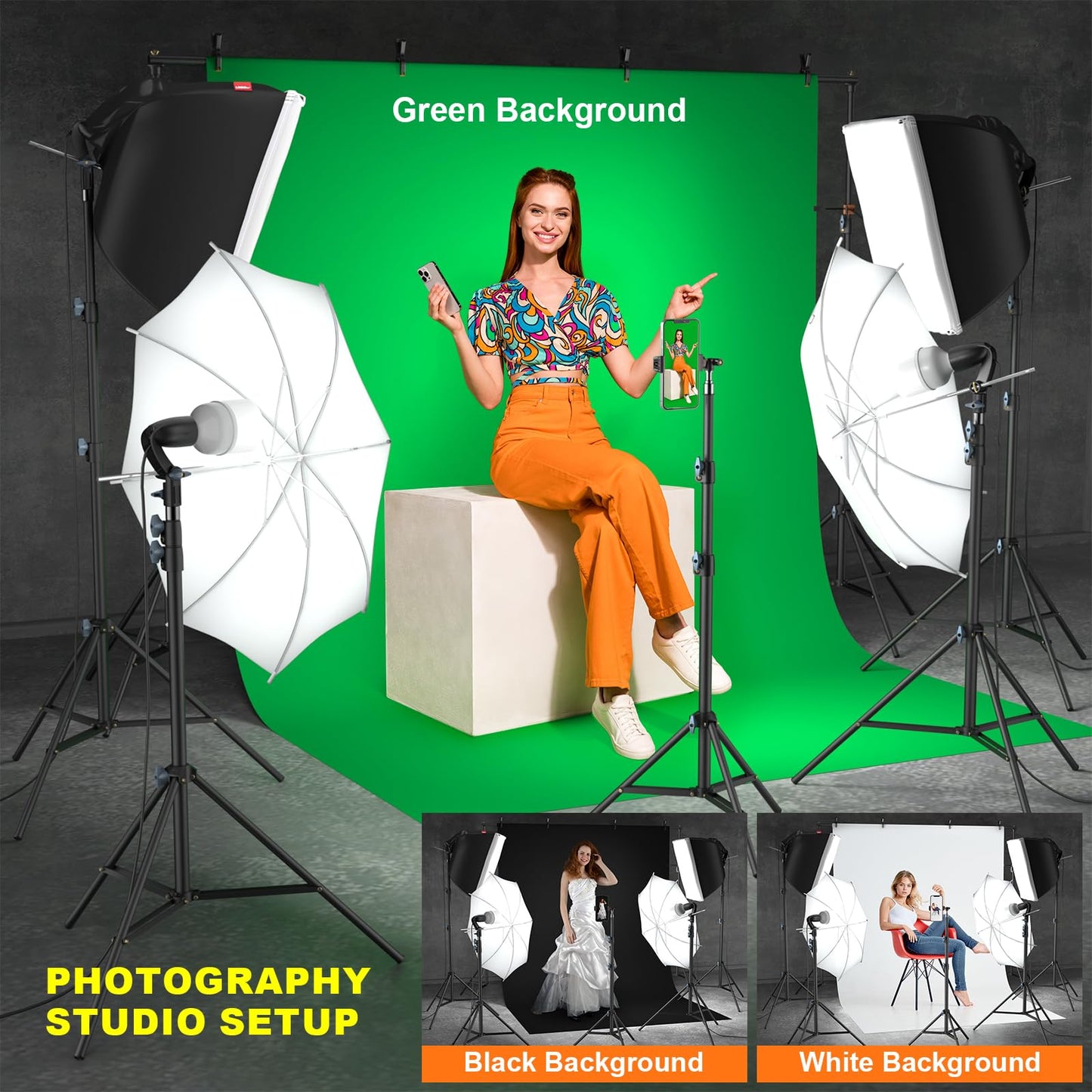 Studio Lighting Kit with 3-Color Backdrops (Black/White/Green) for Photography & Video Production