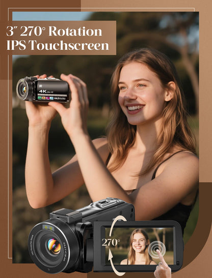 4K Vlogging Camcorder with 64MP Sensor, Night Vision, 18X Zoom, Flip Screen & Accessory Kit