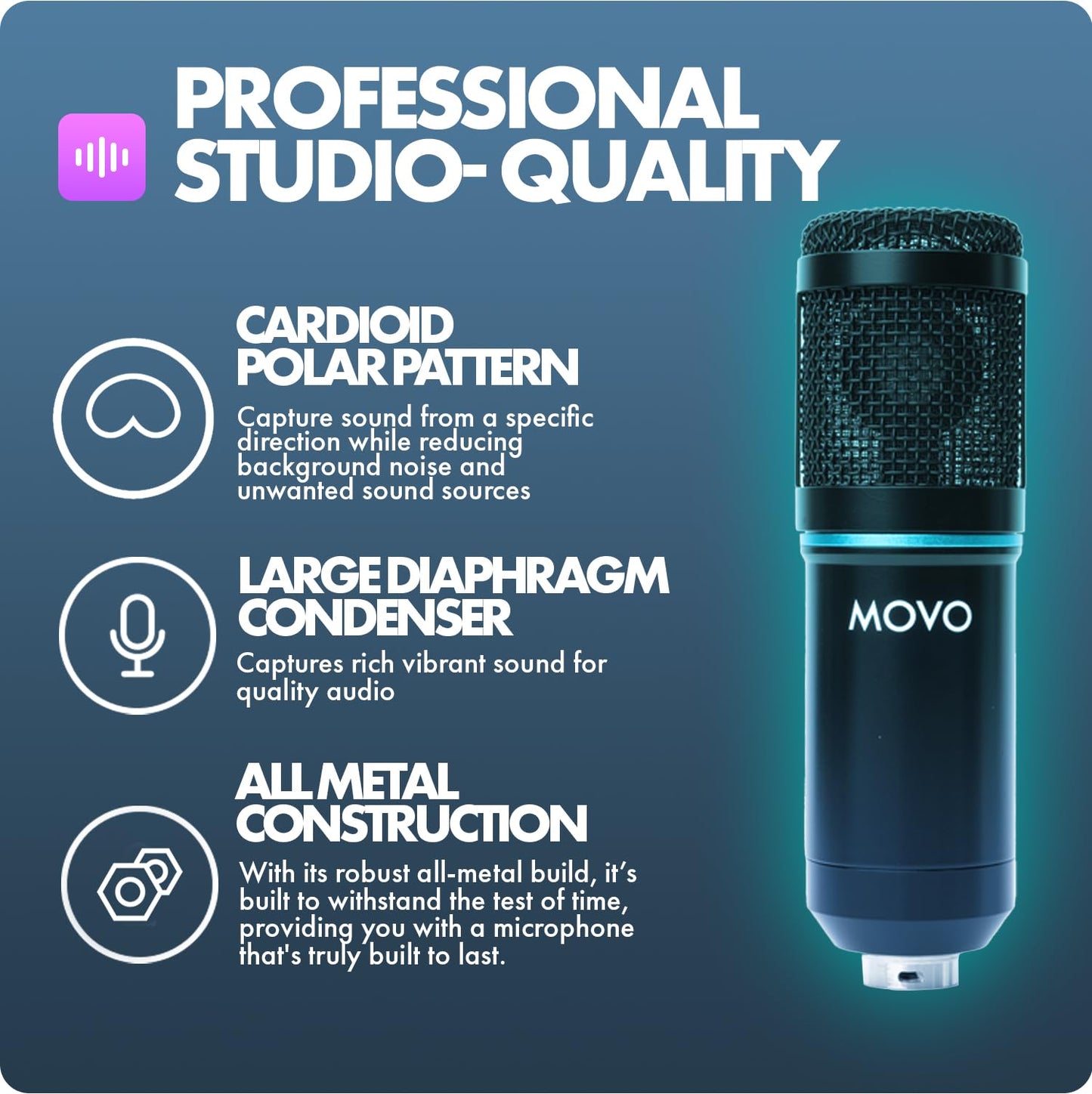 Universal Cardioid Condenser Microphone Bundle with Tabletop Stand, Pop Filter & Audio Cable Kit for Recording & Streaming