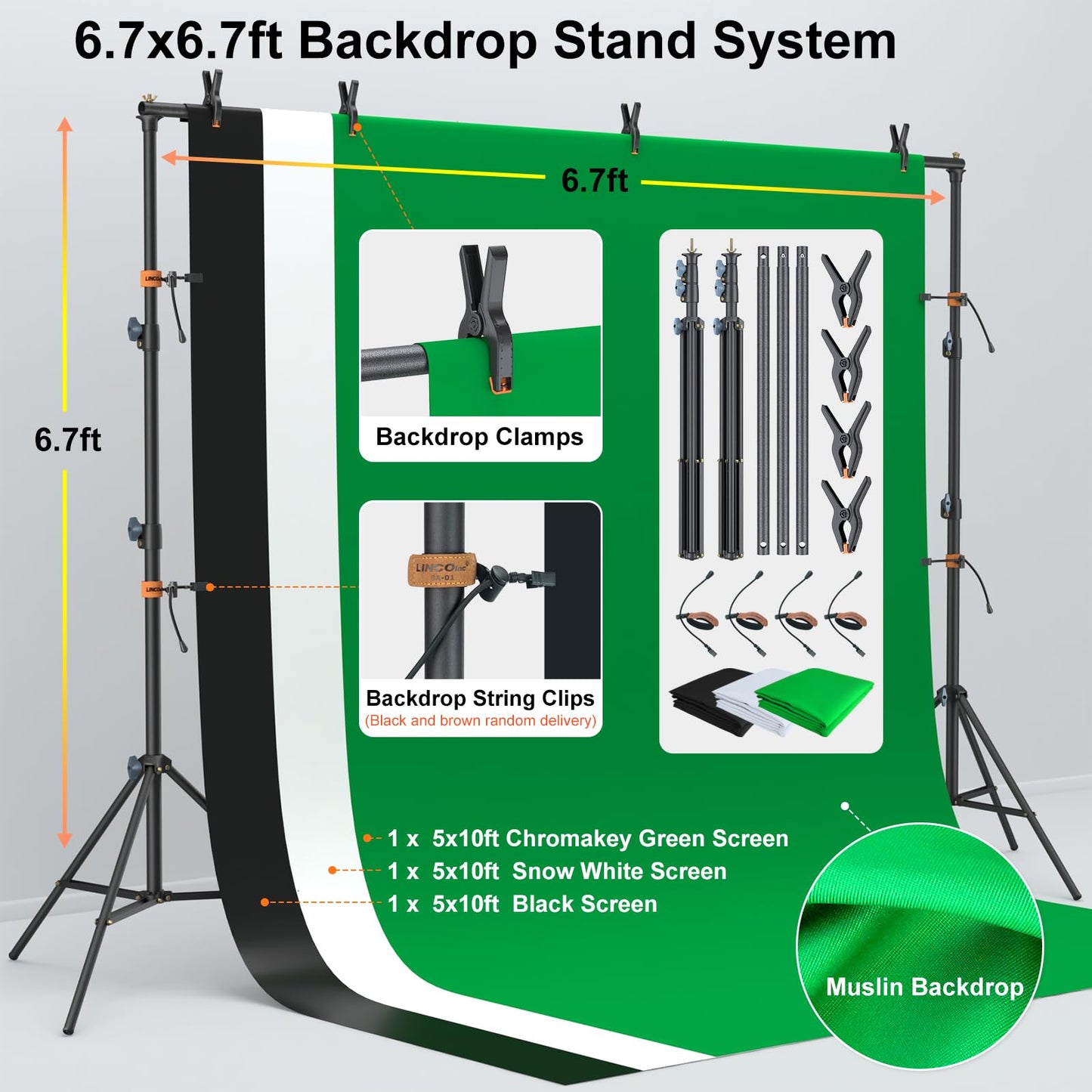 Studio Lighting Kit with 3-Color Backdrops (Black/White/Green) for Photography & Video Production