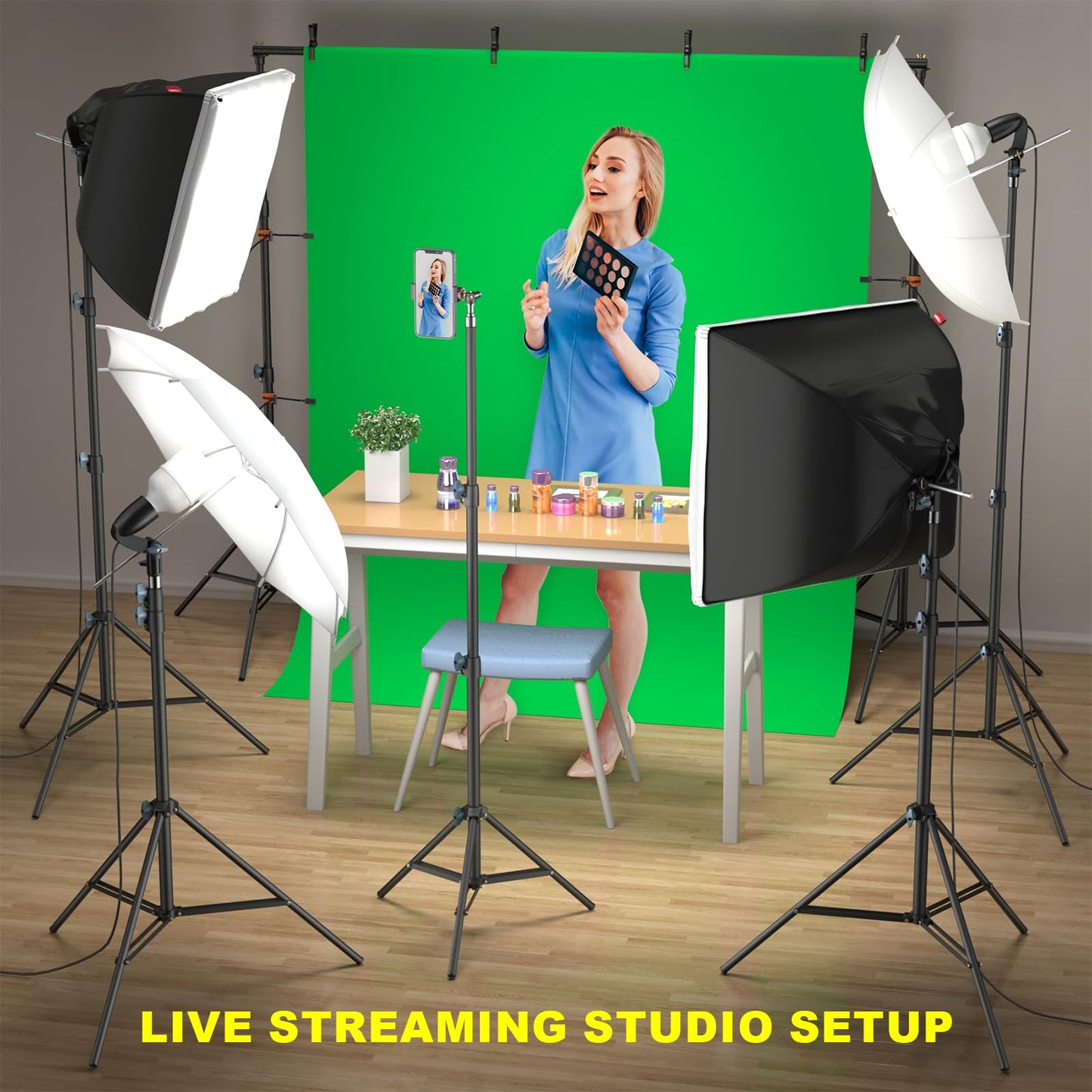 Studio Lighting Kit with 3-Color Backdrops (Black/White/Green) for Photography & Video Production