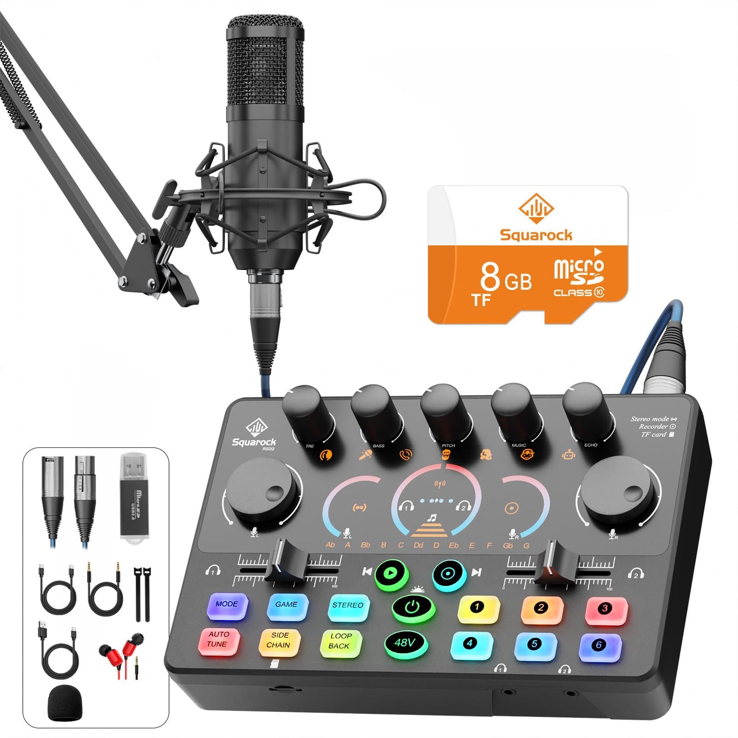 Podcast Equipment Bundle with 8GB Memory Card for Streaming, Recording, Singing & Gaming