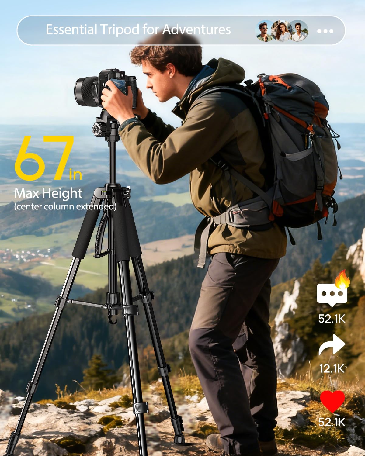 Heavy-Duty Camera Tripod with Phone Mount, Remote Control & Portable Carry Bag for DSLR & Mobile Devices