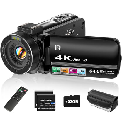 4K Vlogging Camcorder with 64MP Sensor, Night Vision, 18X Zoom, Flip Screen & Accessory Kit