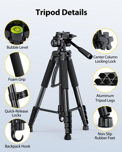 Heavy-Duty Camera Tripod with Phone Mount, Remote Control & Portable Carry Bag for DSLR & Mobile Devices