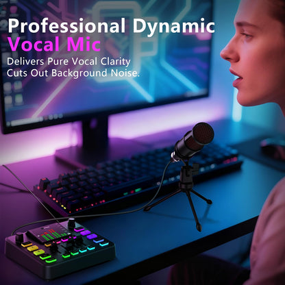 Podcast Equipment Bundle with Audio Mixer & Dynamic Microphone for Streaming, Recording & Gaming