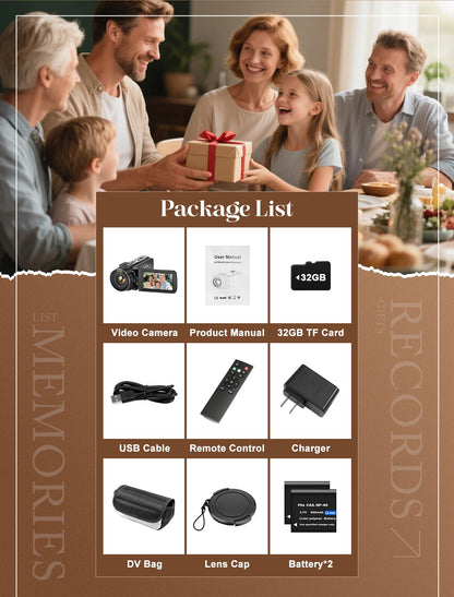 4K Vlogging Camcorder with 64MP Sensor, Night Vision, 18X Zoom, Flip Screen & Accessory Kit
