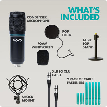 Universal Cardioid Condenser Microphone Bundle with Tabletop Stand, Pop Filter & Audio Cable Kit for Recording & Streaming