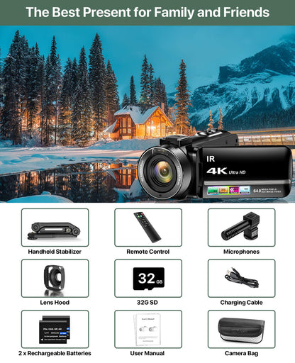 4K Vlogging Camcorder with 64MP Sensor, Night Vision, Flip Screen & Accessory Kit