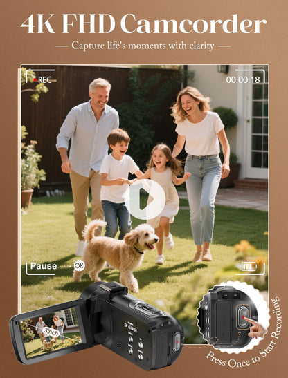 4K Vlogging Camcorder with 64MP Sensor, Night Vision, 18X Zoom, Flip Screen & Accessory Kit