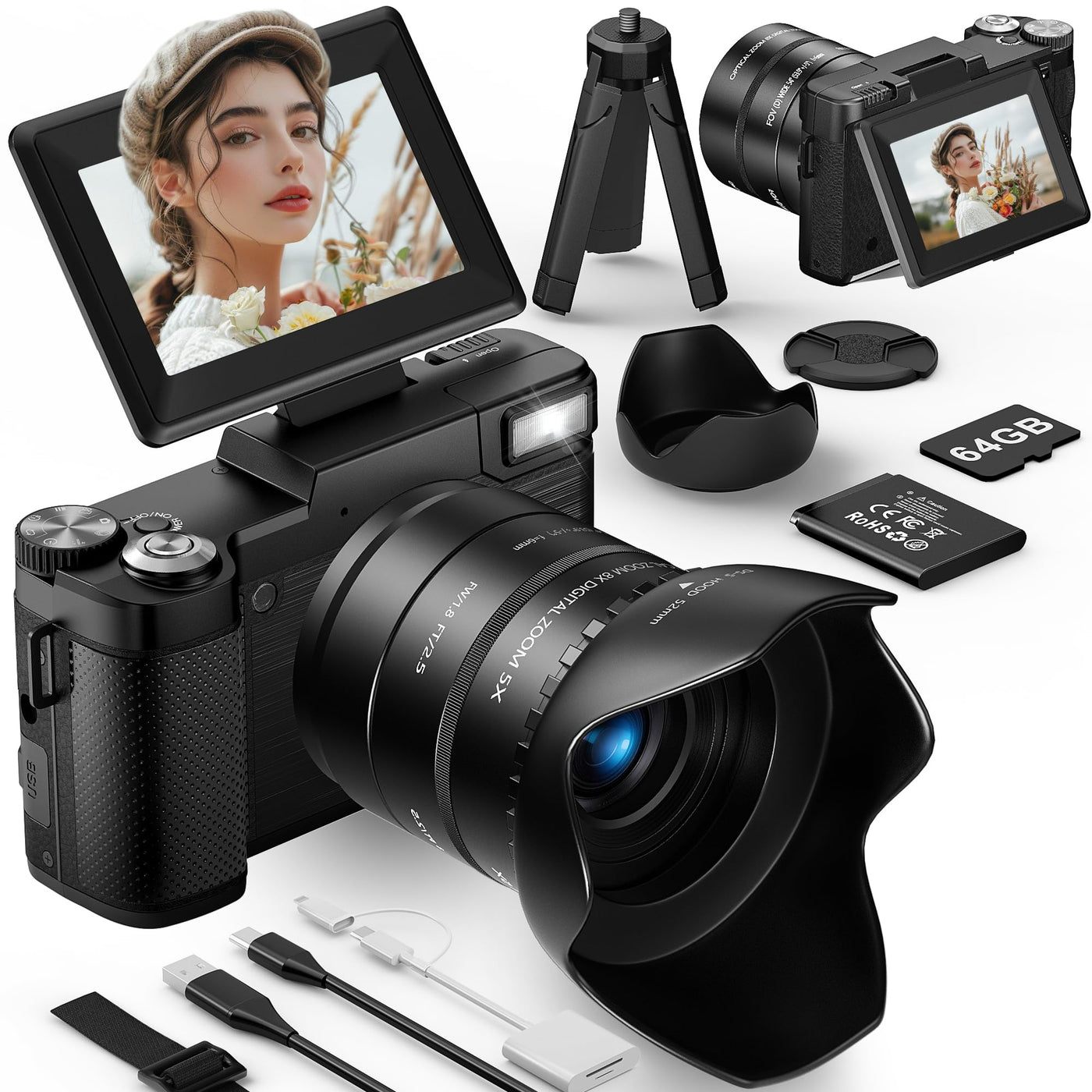 Digital Camera with 75MP Sensor, 6K Video, 8X Zoom, Flip Screen & Vlogging Kit