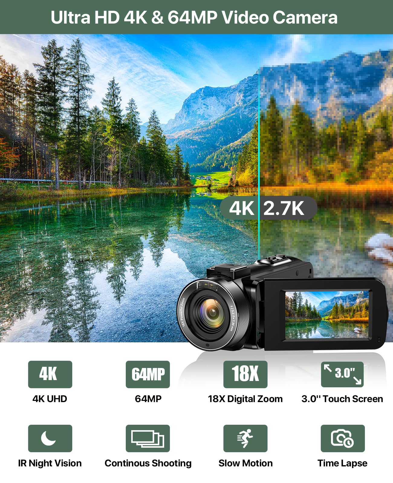 4K Vlogging Camcorder with 64MP Sensor, Night Vision, Flip Screen & Accessory Kit