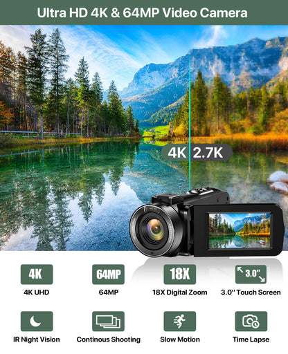 4K Vlogging Camcorder with 64MP Sensor, Night Vision, Flip Screen & Accessory Kit