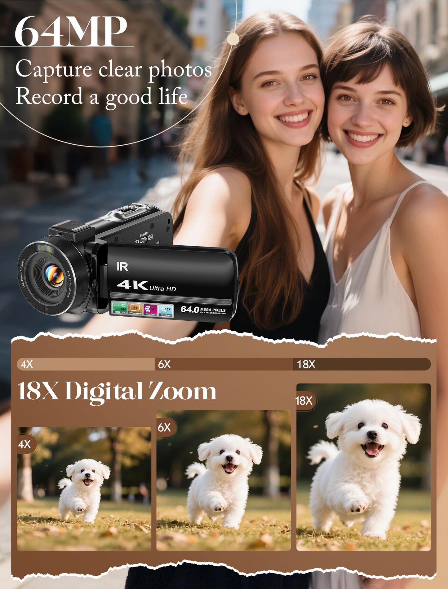 4K Vlogging Camcorder with 64MP Sensor, Night Vision, 18X Zoom, Flip Screen & Accessory Kit