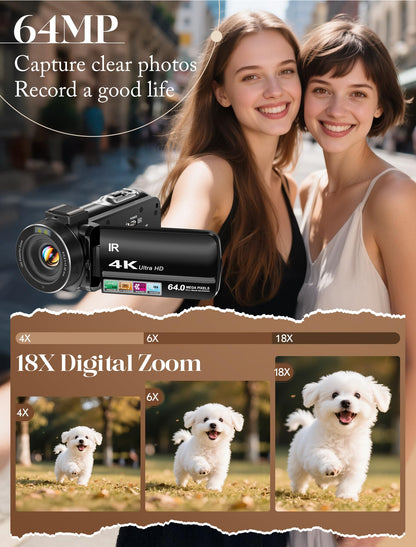 4K Vlogging Camcorder with 64MP Sensor, Night Vision, 18X Zoom, Flip Screen & Accessory Kit